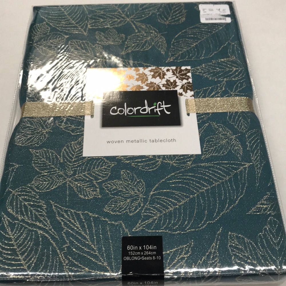 Teal Blue Gold Tablecloth oblong Leaves 10 seat